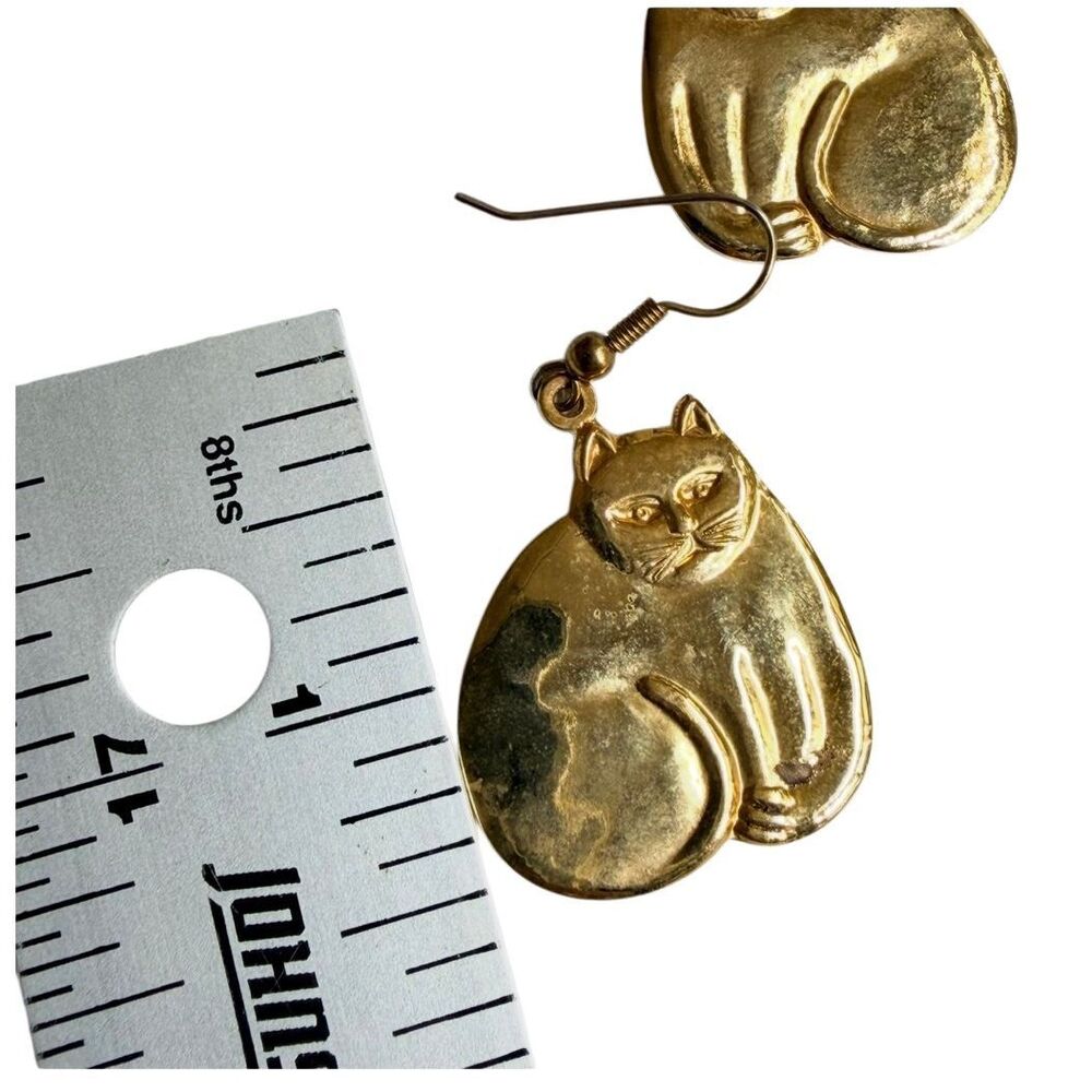 MEOW Gold Tone Cat Dangle Earrings - Picture 4 of 5